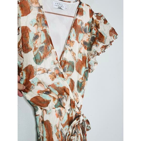 TANYA TAYLOR Floral Brown White Wrap Ruffle Sleeves Floral Blaire Dress Size 4 - Picture 11 of 13